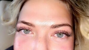 Close-up of eyes with long eyelashes.